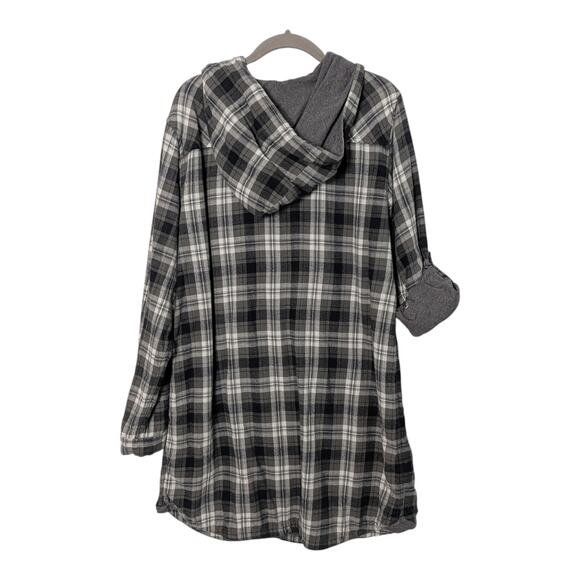 Carbon2cobalt Women's Sz L Grey Plaid Hooded Cotton Flannel Shirt Dress Roll Tab - Picture 4 of 7